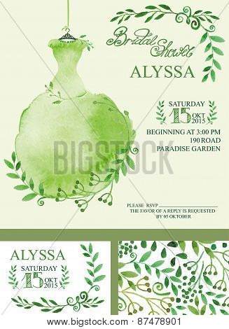 Watercolor Spring bridal shower invitation.Green Dress,branches