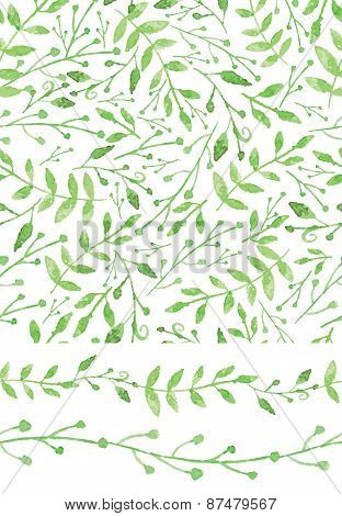 Watercolor seamless pattern,borders.Vintage Green branches