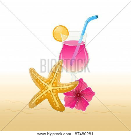 Cocktail, starfish and flower close-up.