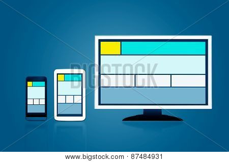 Responsive Web Design Layout On Different Devices. Set On Dark Background