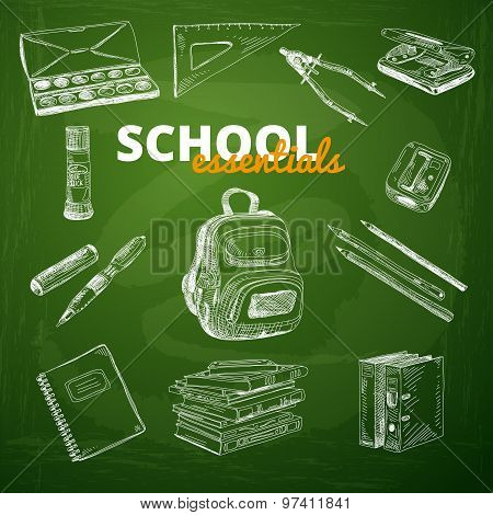 Vector set of school items on a chalkboard.