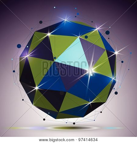 Creative asymmetric polished object with lines mesh. 3d colorful shiny complicated engineering abstr