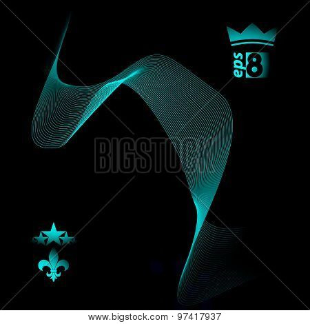 Three-dimensional motif elegant flowing curves, dark background in motion with five stars emblem, ep