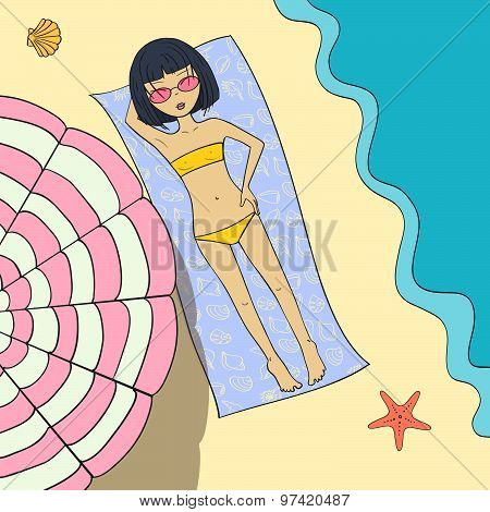 Hand Drawn Asian Girl Sunbathing
