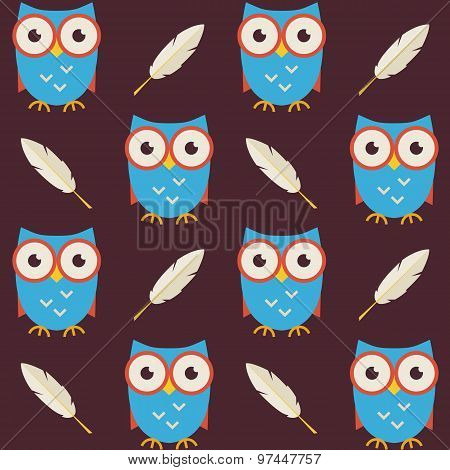 Flat Vector Seamless Pattern Owls With Feathers