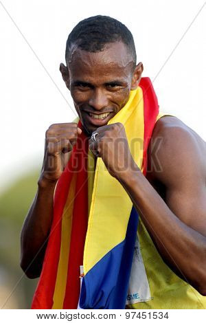 BARCELONA - JULY, 8: Djiboutian athlete Ayanleh Souleiman celebrating his victory in 1500 meters of the Athletics International Meeting at the Serrahima Stadium on July 8 2015 in Barcelona, Spain