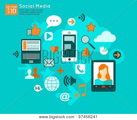 Social concept with place for text. Flat style design media icons set.