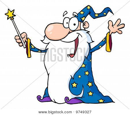 Procedura guidata agitando e capo tenendo una bacchetta magica