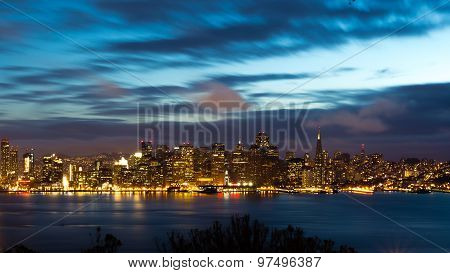 San Francisco Bay Bridge And Skyline At Night