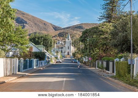 MONTAGU SOUTH AFRICA - MARCH 26 2017: A view of Church Street with the Dutch Reformed Church in Montagu at the end