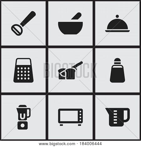 Set Of 9 Editable Cook Icons. Includes Symbols Such As Hand Mixer, Shredder, Oven. Can Be Used For Web, Mobile, UI And Infographic Design.
