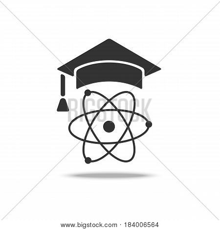 stylized education vector icon. Atom in education cap.