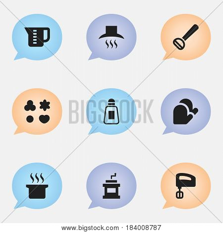Set Of 9 Editable Food Icons. Includes Symbols Such As Husker, Agitator, Kitchen Glove And More. Can Be Used For Web, Mobile, UI And Infographic Design.