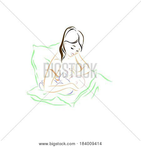 A young mother is suckling her toddler sketch a pose for breastfeeding logo an imitation of maternity and health