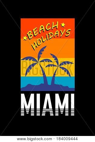 Tropical palm trees silhouettes on island. Sunset summer vector illustration.