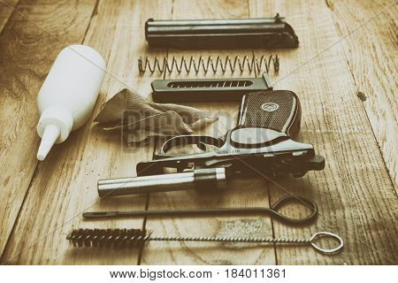 Separate Parts Of Makarov Pistol And Cleaning Kit, Vintage Effect