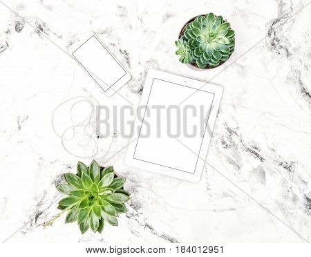 Tablet PC phone succulent plants on marble background. Office table. Flat lay mock up for social media blog