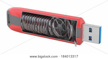 Flash drive with film reels 3D rendering isolated on white background
