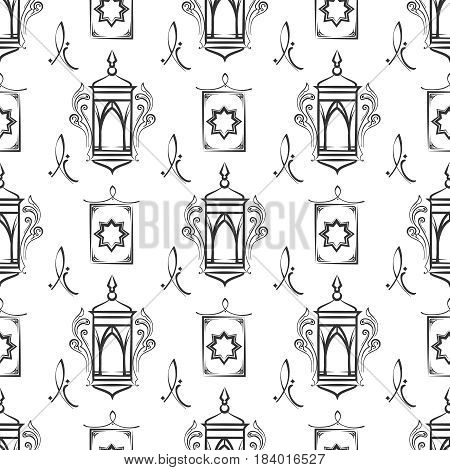 Arabic ornate lamps black and white seamless pattern. Vector illustration
