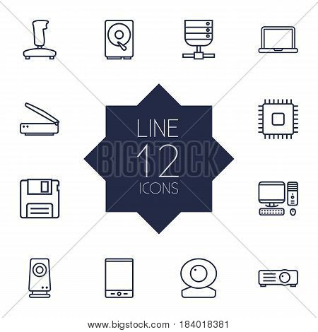 Set Of 12 Computer Outline Icons Set.Collection Of Floppy, Web Cam, PC And Other Elements.