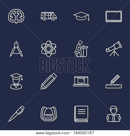 Set Of 16 Science Outline Icons Set.Collection Of Laptop, Brain, Compass And Other Elements.
