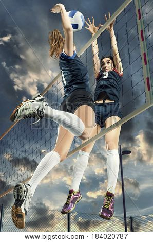 Female volleyball player jumping for the ball on cloudy sky background