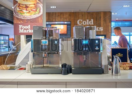 COPENHAGEN, DENMARK  - CIRCA SEPTEMBER, 2014: coffee machines at  FoodMarket in Copenhagen Airport, Kastrup.