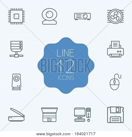 Set Of 12 Computer Outline Icons Set.Collection Of PC, Server, Printer And Other Elements.
