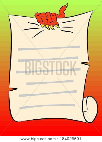 A clawed hand grasps parchment on pseudogradient background