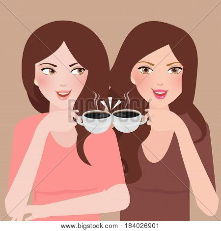 two young girls talking in a cafeteria drinking coffee frienship together vector