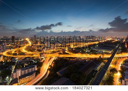 Bangkok Expressway and Highway top view during twilight time ,expressway is an important facility for rush hour in Bangkok , Bangkok,Thailand