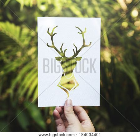 Hand Hold Deer with Antlers Paper Carving with Nature