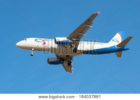 SAINT PETERSBURG, RUSSIA - MARCH 09, 2017: Flying overhead aircraft Airbus A320 (VP-BDL) airline 