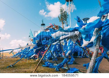 White And Blue Obo And Aobao Landscape In Mongolia ,mongol Totem, In Grassland With Blue Sky,horizon
