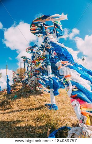 White And Blue Obo And Aobao Landscape In Mongolia ,mongol Totem, In Grassland With Blue Sky,vertica