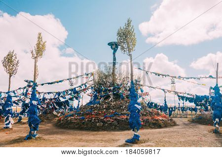 White And Blue Obo And Aobao Landscape In Mongolia ,mongol Totem, In Grassland With Blue Sky,horizon