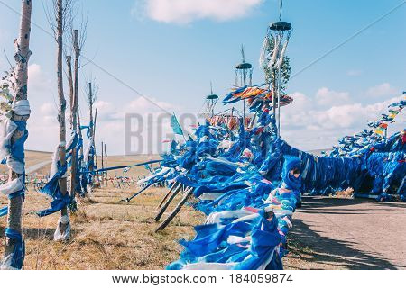 White And Blue Obo And Aobao Landscape In Mongolia ,mongol Totem, In Grassland With Blue Sky,horizon