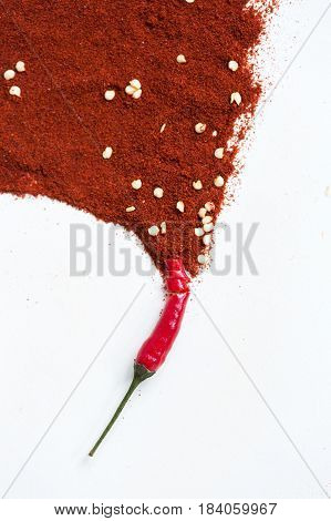 red hot chili peppers, popular spices concept - artistic idea of red hot pepper pod turns into a picture from powder of dry pepper, embodiment of abstract artist brush on white background, vertical