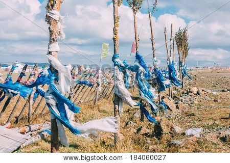 White And Blue Obo And Aobao Landscape In Mongolia ,mongol Totem, In Grassland With Blue Sky,horizon