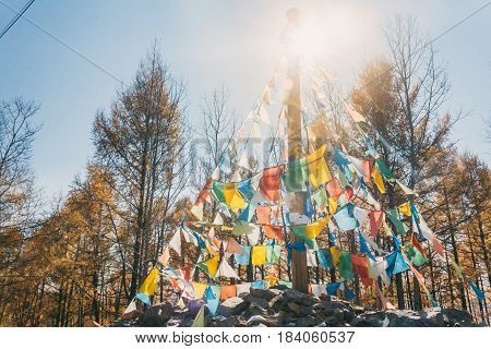Colourful Obo And Aobao Landscape In Mongolia ,mongol Totem, In Forest With Blue Sky,horizontal