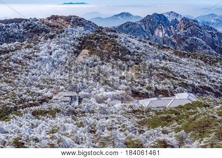 Sunrise above the peaks of Huangshan National park. China.