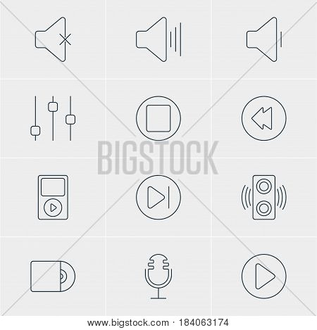 Vector Illustration Of 12 Melody Icons. Editable Pack Of Subsequent, Amplifier, Compact Disk And Other Elements.