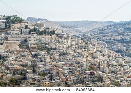 The Village of Siloam, neighborhood of Silwan, view from the wall of the Old City of Jerusalem, Israel
