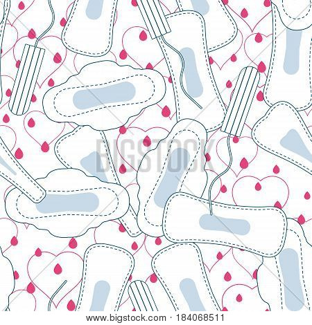 Medical hygiene conception pattern. Seamless vector pattern with menstruation sanitary pads blood drops and cotton tampons