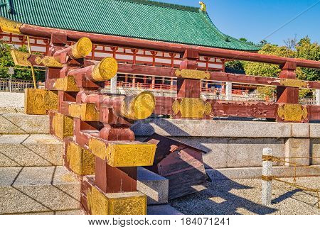 Details Of Shinto Temple Architecture At Heian Shrine In Kyoto, Japan