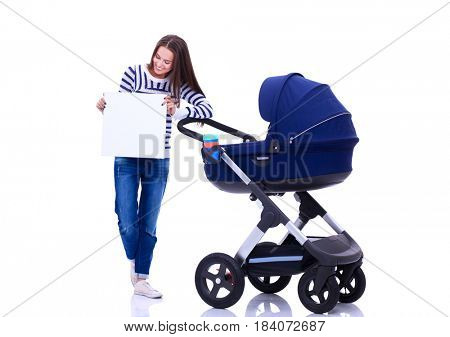 Full length portrait of a mother with a stroller holding blank, isolated on white background
