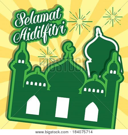 Hari Raya Aidilfitri vector illustration with traditional malay mosque. Caption: Fasting Day of Celebration