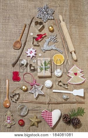 Christmas tree made by vintage items and Christmas ornaments