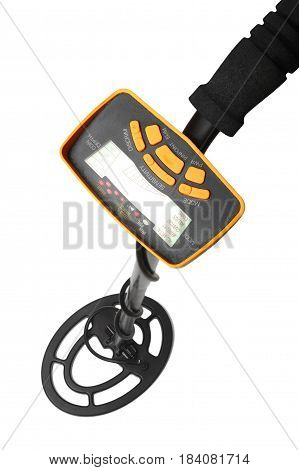 The metal detector closeup on a white background. It is isolated the worker of paths is present