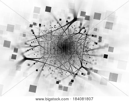 Glowing network connections with square particles computer generated abstract intensity map black and white 3D rendering